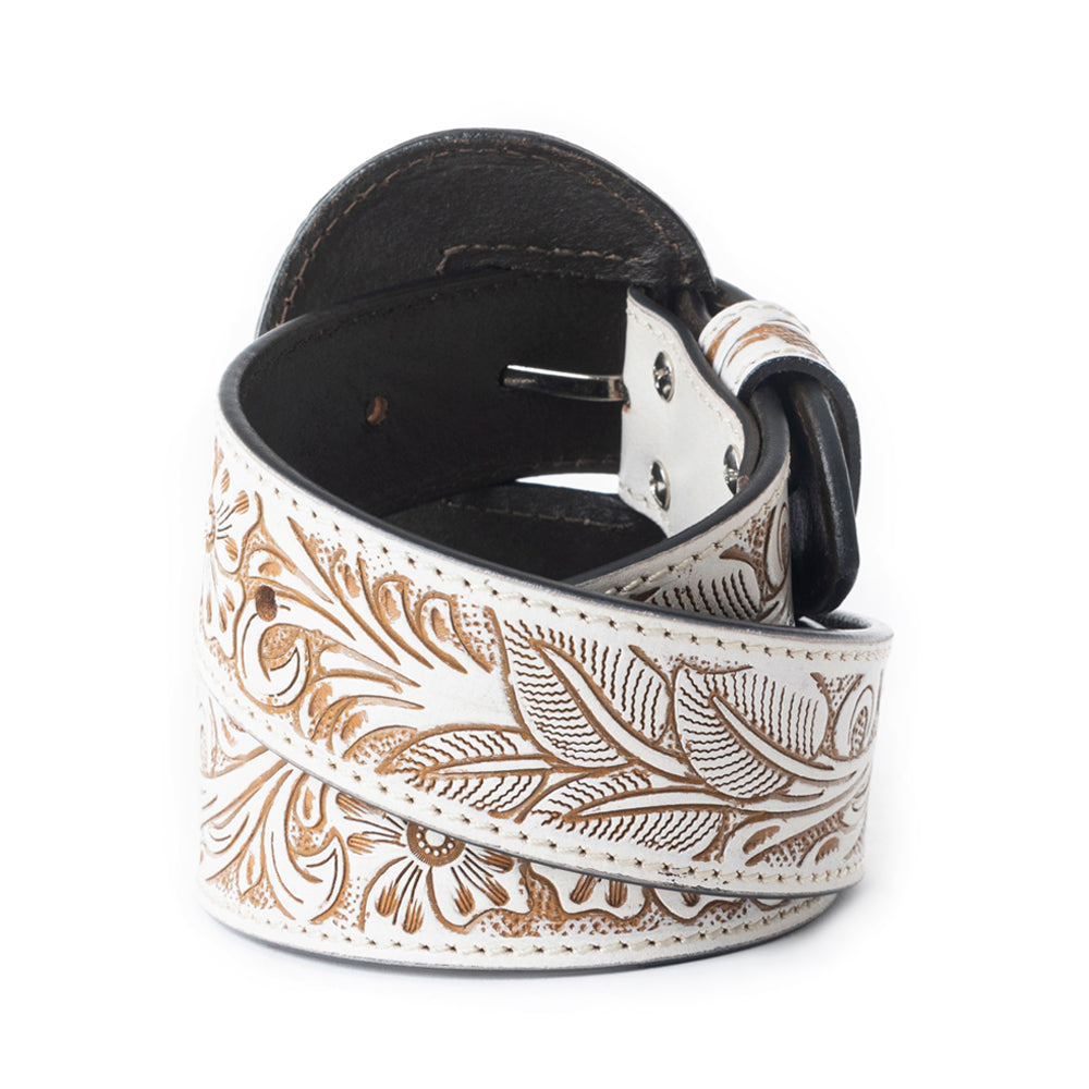 Myra Talon High Ivory Tooled Leather Belt for Women - Statement Rodeo Buckle with Western Embossed Floral Design