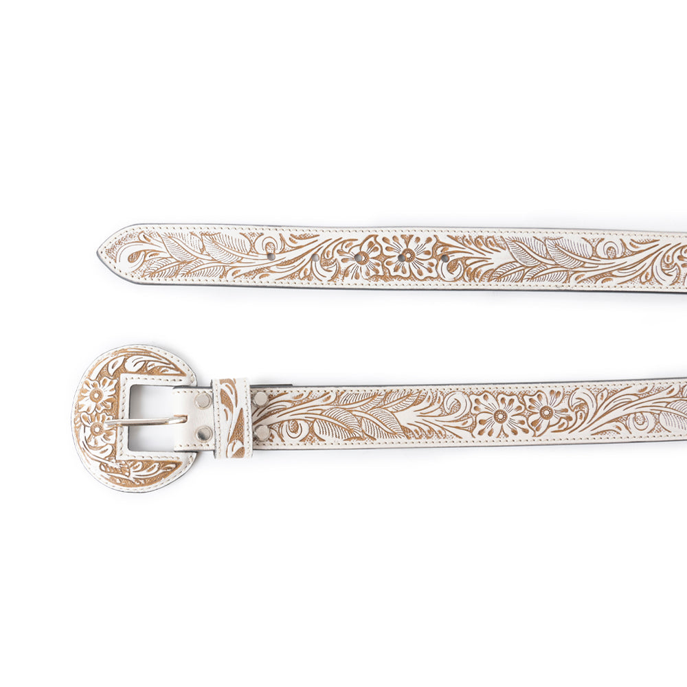Myra Talon High Ivory Tooled Leather Belt for Women - Statement Rodeo Buckle with Western Embossed Floral Design