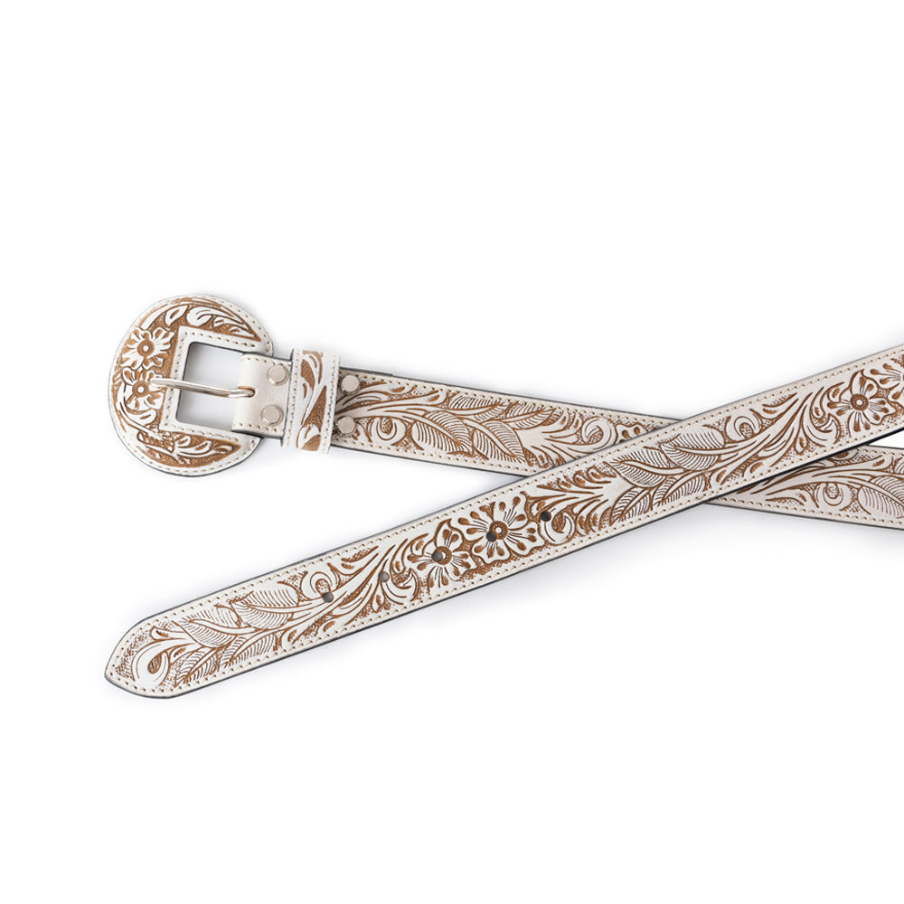 Myra Talon High Ivory Tooled Leather Belt for Women - Statement Rodeo Buckle with Western Embossed Floral Design
